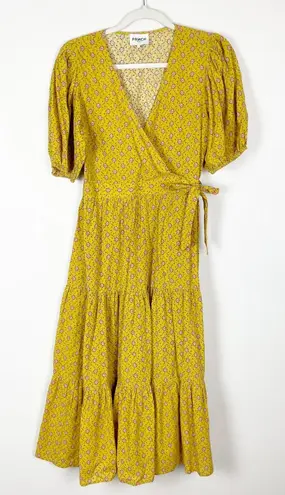 FRNCH Paris Yellow Floral Wrap Midi Dress S V-Neck Puff Sleeves Cinch Waist Tie