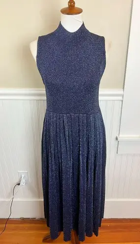 Carven Blue Sparkly Pleated Midi Dress Mock Neck Sleeveless Size L Metallic Luxe Size L
