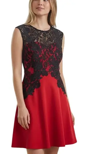 Melrose Cocktail Dress Womens 14 Red Black Sheer Contrast Lace Holiday Romantic