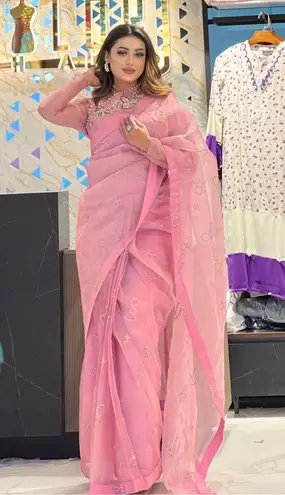 Designer Ready made Sari Bridal Silk Blouse Bollywood South Indian Ethnic Saree Pink Size L