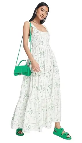 Asos Design Dress Women 6 White Green Floral Shirred Tiered Sundress Maxi Boho