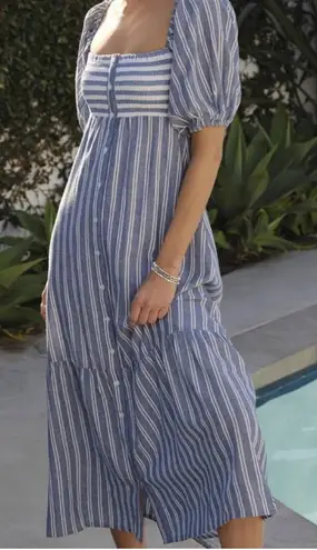 Love Tomas Emerson Fry XS/S Blue White Striped Midi Dress Puff Sleeve Tiered