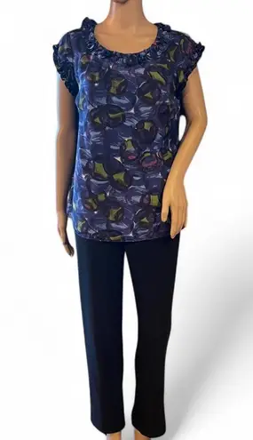 Boden USA NWOT! Boden SILK Abstract Blue Sleeveless Blouse Top Ruffled Neck Lined Size 8