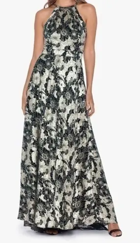 Betsy and Adam . Layla Halter Top Foil Print Gown.