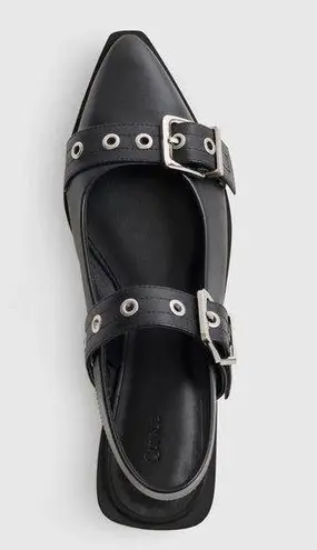 Quince Italian Leather Bold Buckle Slingback Flat Black size 6 NIB