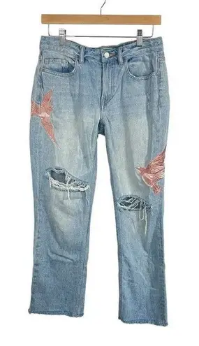 ALLSAINTS Alana Embroidered Bird Distressed Boyfriend Jeans in Blue/Pink Size 26