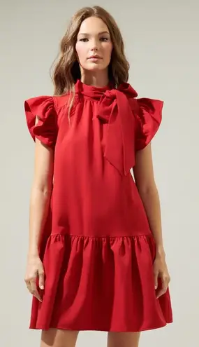 Sugarlips stacy ruffle dress drop hem bow high neckline flutter short sleeves Red Size XS