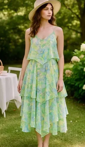 Vintage 70s Vicky Vaughn Pastel Floral Handkerchief Hem Dress Fairycore Sz S💛 Green