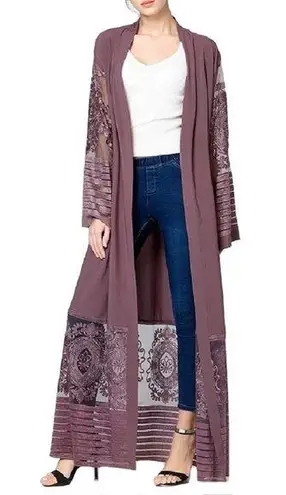 Embroidered Floral Mauve Elegant Duster Kimono Abaya Women’s Size Medium NWT Multi