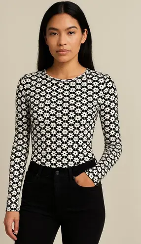 Vintage Y2K Black White Textured Daisy Knit Long Sleeve Fitted Top S Stretch