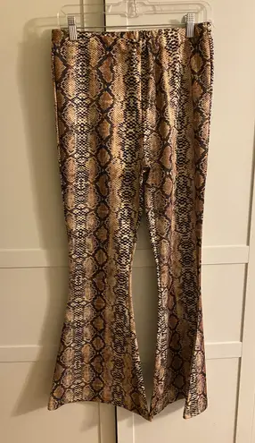 WDIRA Snakeskin Print Stretchy Flare Leg Pants Tan Size L