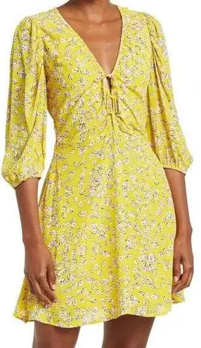 Nicholas Yellow Floral Print Ruched Tie Front Midi Dress Puff Sleeve sz 8 Boho