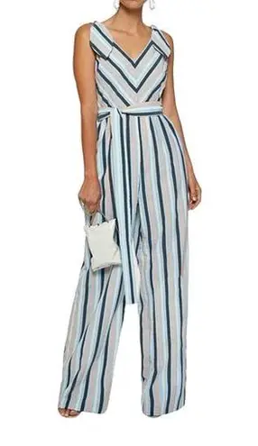 Lela Rose Stripped V Neck Bow Tie Belted Wide Leg Jumpsuit Size 2