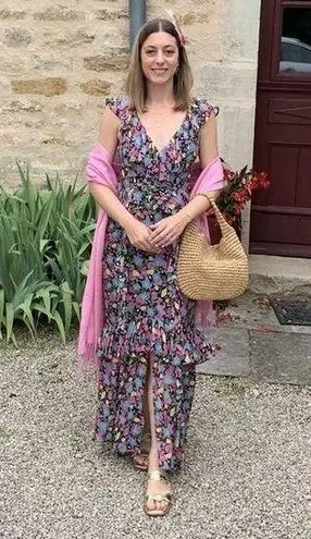 Amur Evita Maxi Black Anemone Floral Long Maxi Dress 100% Silk Gown Size 12