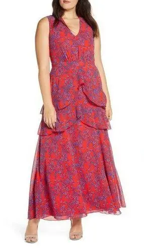 Charles Henry NWOT Maxi Dress Ruffle Front Red Blue Size Large