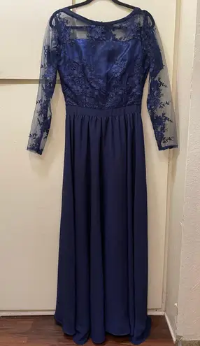 M/L Blue Floral Embroidered Transparent Mesh Long Sleeve Lined Zip Up Maxi Gown Size L