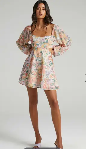 Showpo Ebonee Mini Dress Puff Sleeve Cut Out Dress In Flower Crown