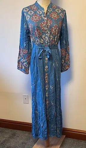 S.L. Fashions Blue Orange Long Sleeve Mandarin Collar Dress Size M