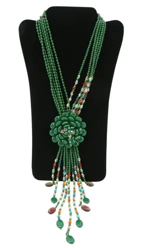 Joan Rivers New Starlet Style Beaded Flower Cluster Fringe Jade Green Necklace