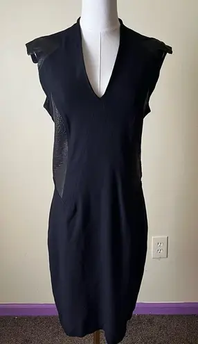 Helmut Lang Blistered Leather Panel Dress Size 10 Ribbed Knit V-Neck Sheath