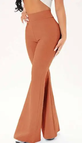 SheIn Burnt Orange Solid Rib Knit Flare Leg Pants