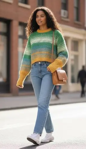 HALFHEART Striped Cropped Sweater Green Blue Orange Ombre Knit Women's Size M