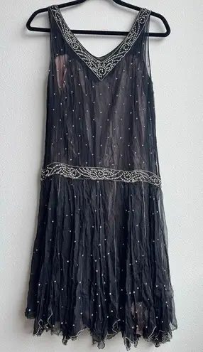 Vintage Art Deco Flapper Gatsy Sequin Jewel Black Silk Party Mini Flapper Dress