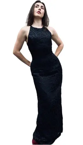 Vintage Onyx Nite Black Textured Floral Satin High Neck Formal Black Tie Gown L Size L