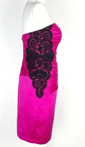 David's Bridal  Y2K Hot Pink Satin Strapless Prom Dress Black Lace Pleated Size 2