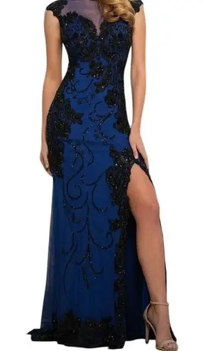 Mac Duggal Royal Blue Black Beaded Lace Cap Sleeve High Slit Gown