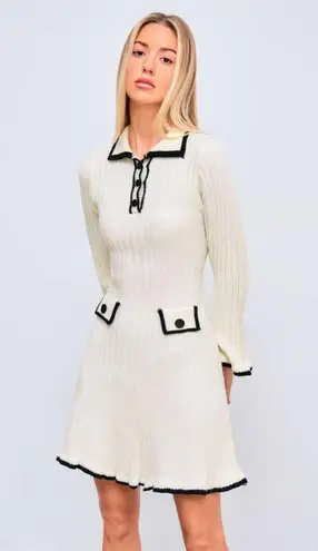 Cider KNIT COLLAR CONTRASTING BINDING LETTUCE TRIM MINI DRESS Ivory Black Small
