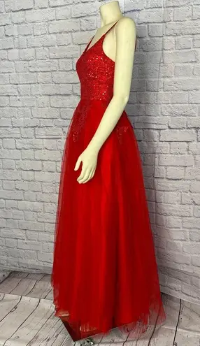 Handmade Red V Neck Spaghetti Straps Tulle Beaded Lace Long Evening Prom Dress size small