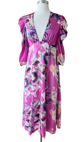 PATBO Grace Floral Dress Satin Puff Sleeve Midi Button Down Influencer US 6 Pink