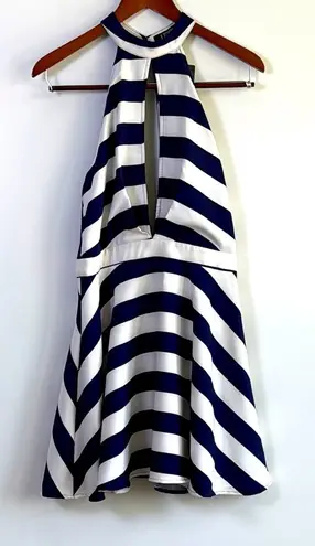 NWT Luxe Blue and White Halter Fit and Flare Mesh Back Cocktail Dress Size L Size L