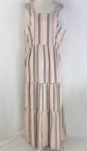 Caslon New  Cabana Stripe Linen Blend Lattice Trim Tiered Maxi Dress Size Medium