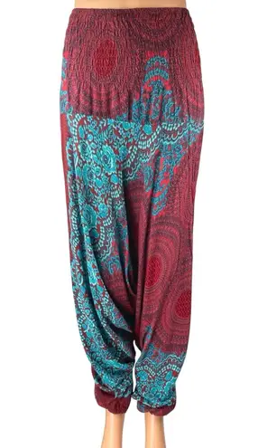 Women's Red Blue Floral Smocked Drapey Tapered Jogger Harem Pants One Size Size undefined