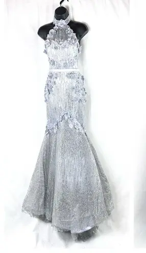 PORTIA AND SCARLETT Ice Queen Blue Silver Glitter Flower Halter Mermaid Gown 0