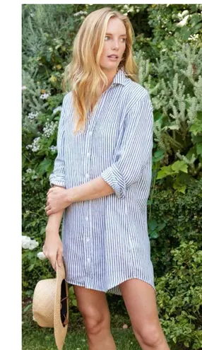 Frank & Eileen Mary Classic Linen Button Up Striped Dress Size Large Blue
