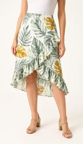 Ember Green White Tropical Leaf Ruffle Asymmetrical A Line Skirt Large Cruise