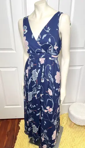 Motherhood Maternity Navy Floral Chiffon Maxi Dress w/ Surplice Pin-tuck Waist
