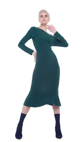 Norma Kamali green long sleeve drop shoulder fishtail hem midi dress size XS