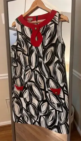 kim rogers Petite 14P Shift Dress Black White Red Patterned Pockets leaf Retro