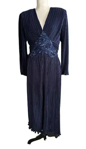 Vintage Navy Blue Pleated Long Sleeve Midi Dress Beaded Waist & V