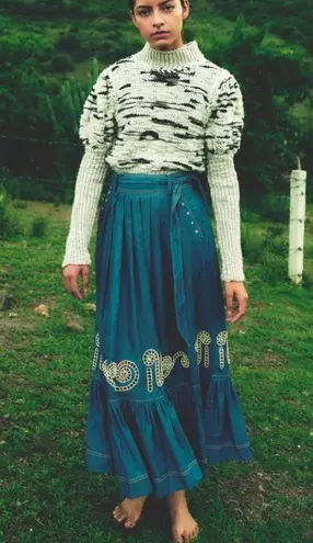 Carolina K Rosa Chambray Embroidered Midi Skirt Size S Blue