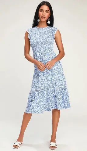 Lost + Wander Blue Floral Print Smocked Ruffle Short Sleeve Midi Dress Size XS
