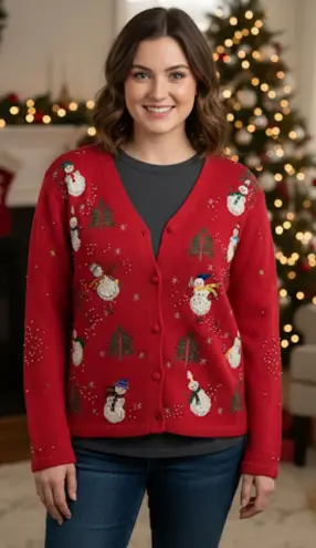 SEGUE Red Knit Snowman Xmas Christmas Holiday Cardigan Women’s Small