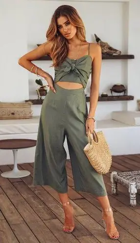 Hello Molly  Women 4 Green Linen Jumpsuit Crop Wide Leg Front Tie Stretch Casual