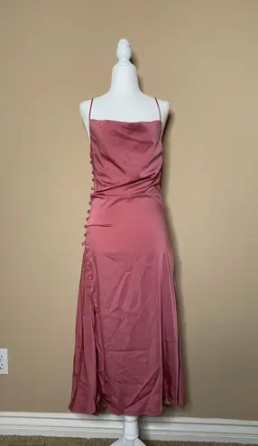 Boutique NWT Midi Satin Pink Slip Dress with Decorative Buttons