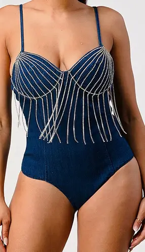 Blashe NWT VIRAL SEXY Blue Denim Fringe Rhinestone Jeweled Sleeveless Bodysuit M Size M