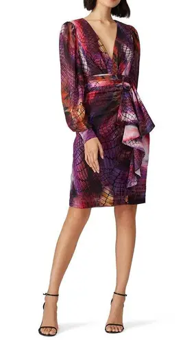flor et.al Lauper Printed Chiffon Belted Long Sleeve Knee Length Dress Size 16